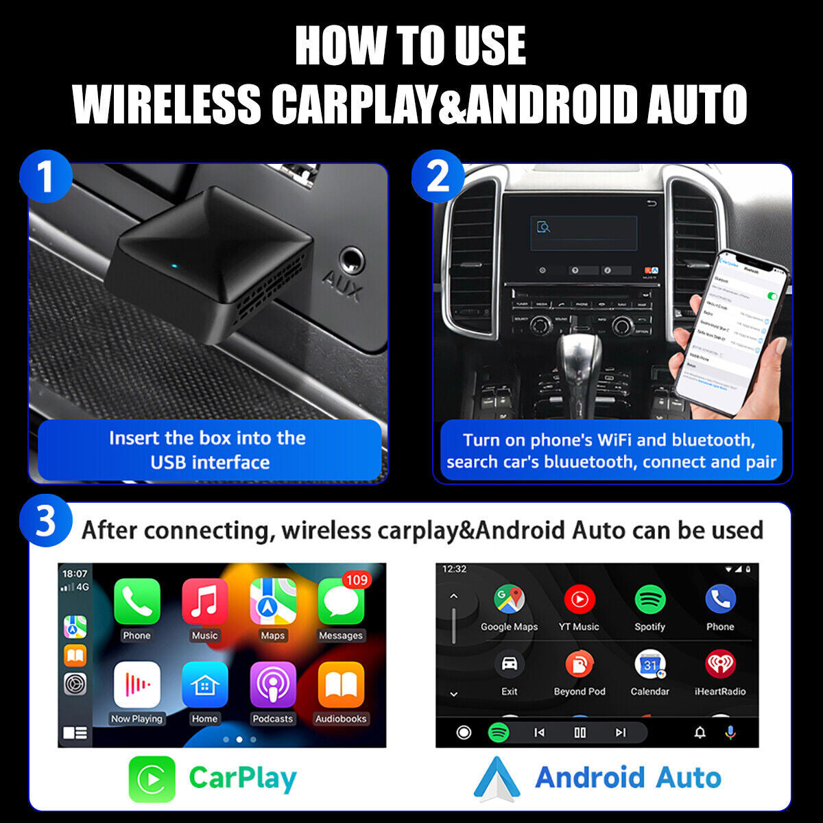 2 in 1 Android Auto Wireless Adapter & Wireless Carplay Adapter Plug & Play Car